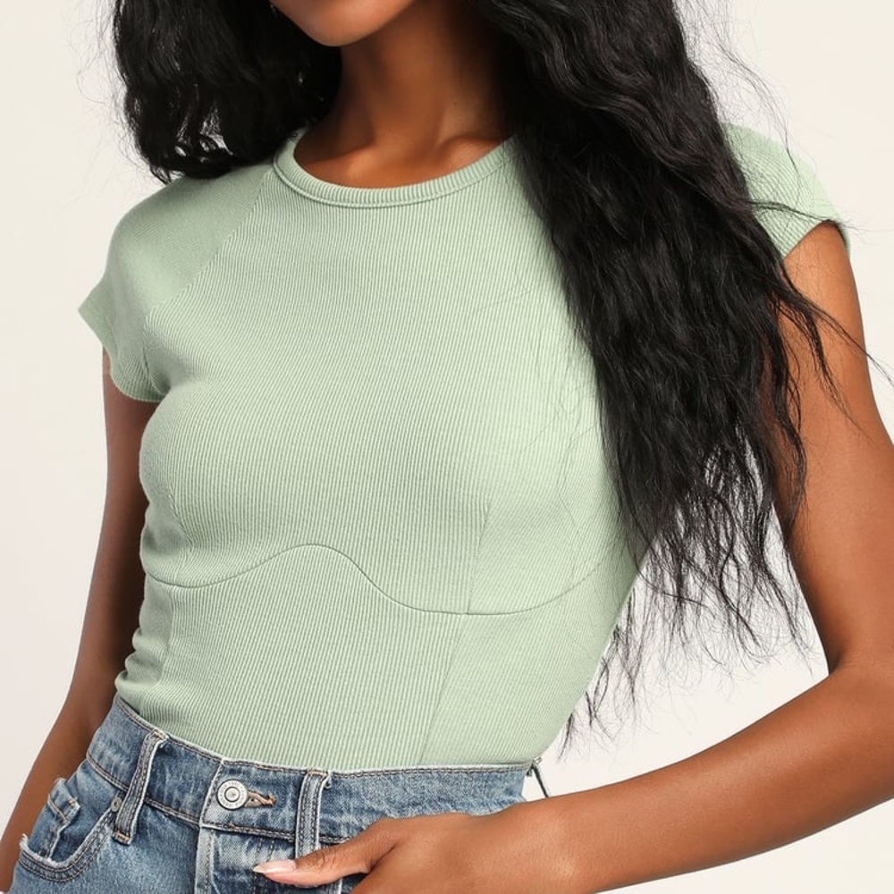 NWT Sage Green Ribbed Short Sleeve Cutout Crop Top